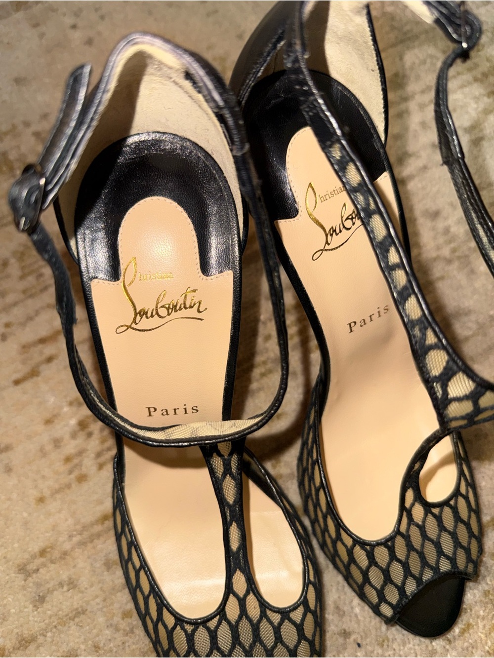 Christian Louboutin Black Mesh Peep-Toe Slingbacks with Nude Insole - Picture 2 of 5